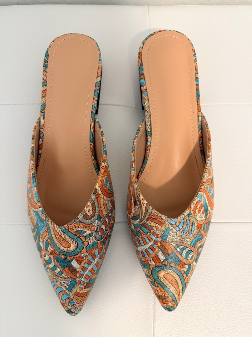 Pointed Slip-On Mules in Turquoise and Orange
